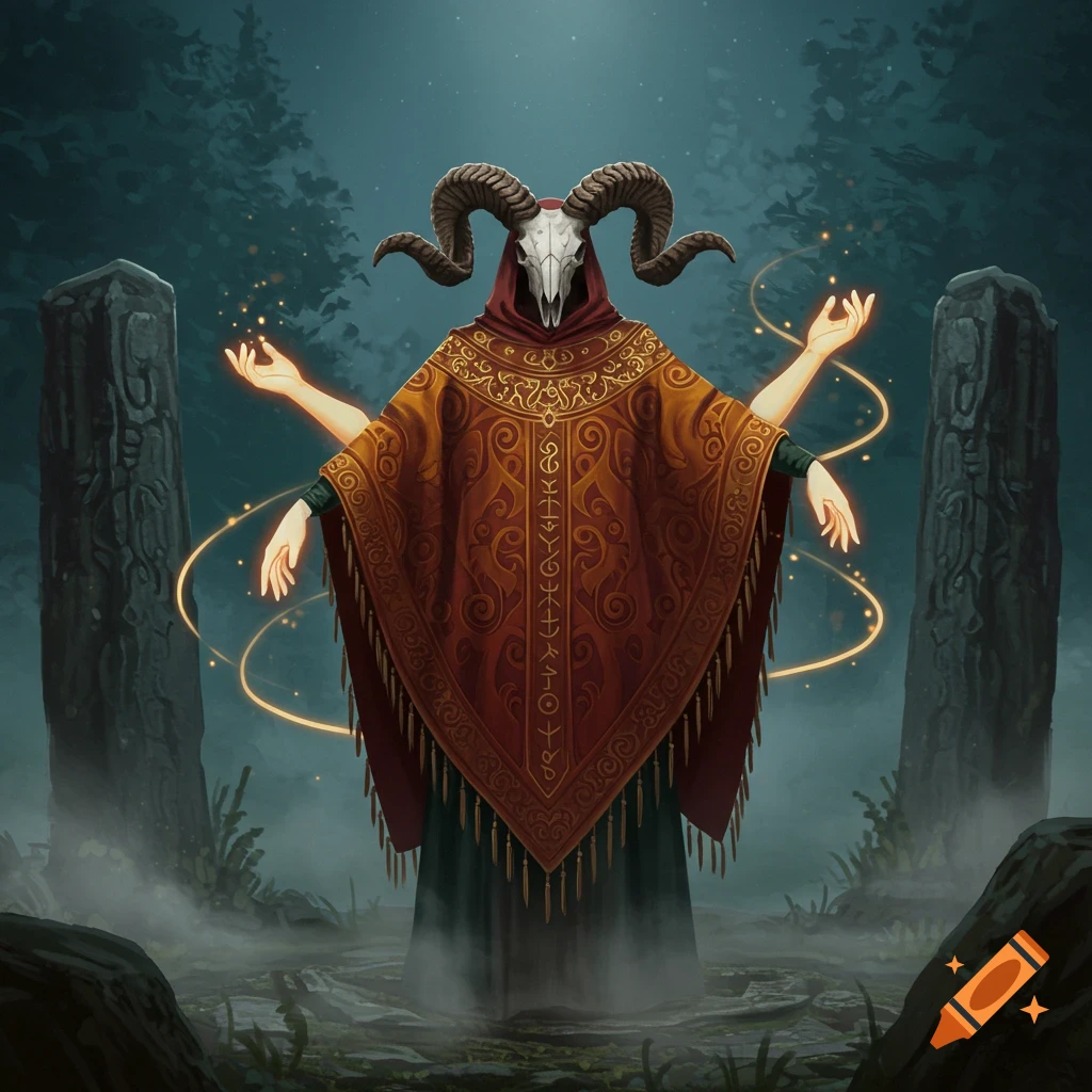 Mystical hooded figure with a ram skull mask and four glowing hands stands between ancient stones in a misty forest at night, surrounded by golden magic.