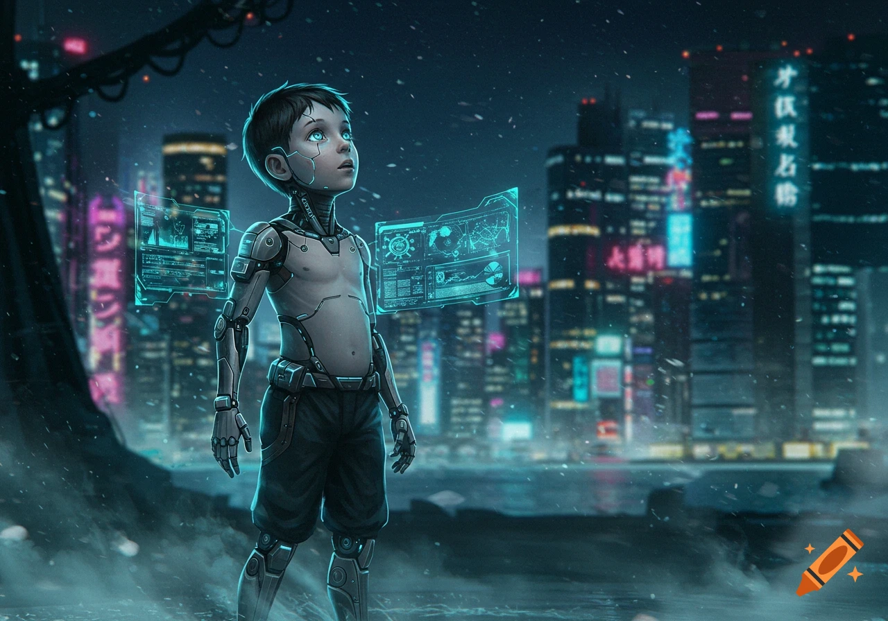 A young boy with cyborg implants on his face and limbs stands in a dark, snowy, futuristic city with neon lights and holographic interfaces, looking up.