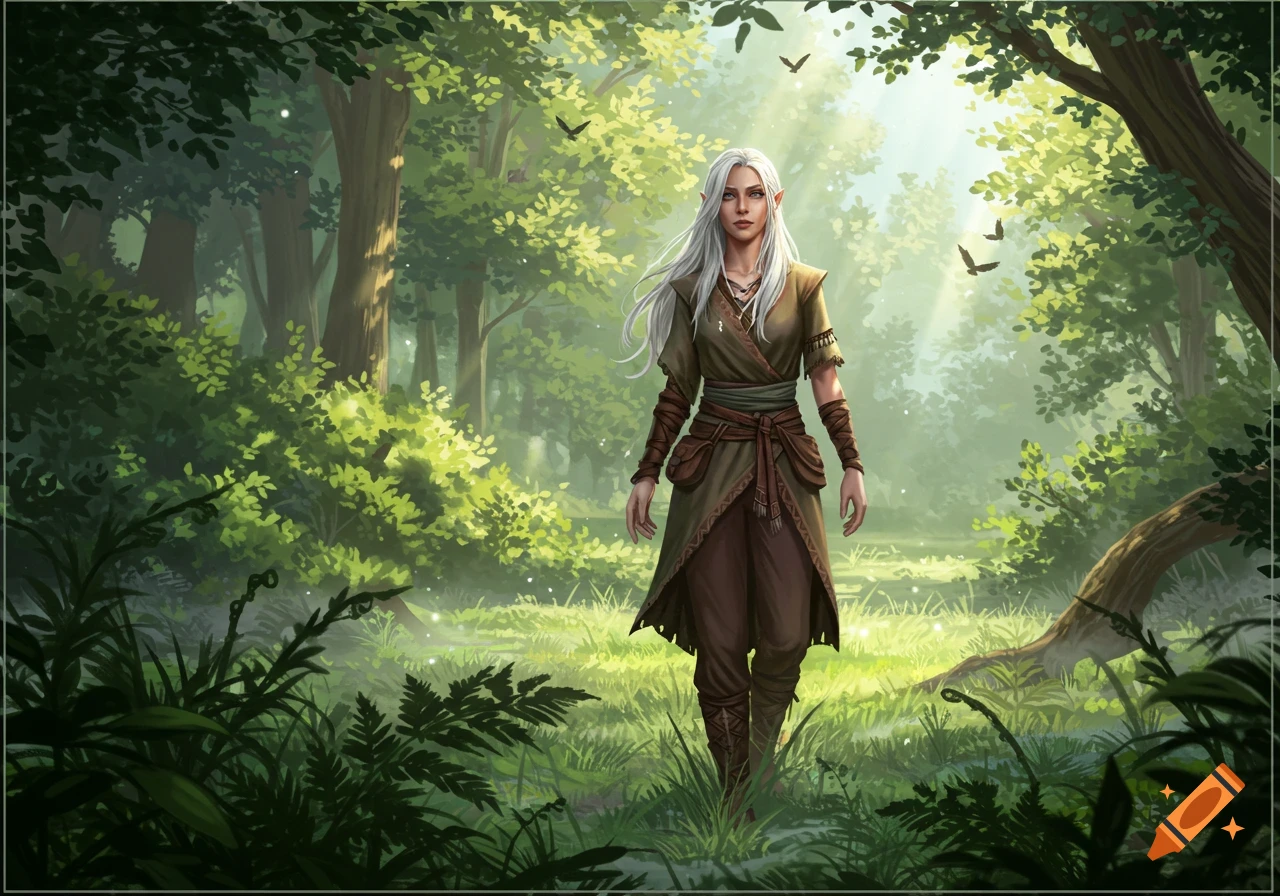 An elf woman with long white hair and pointed ears walks through a sun-dappled green forest in a digital painting.