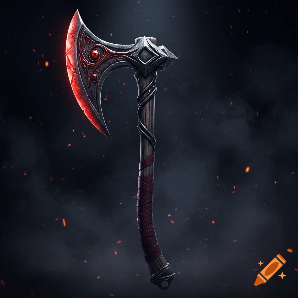 A dark, stylized fantasy axe with a glowing red blade and ornate designs on a smoky background with orange sparks.