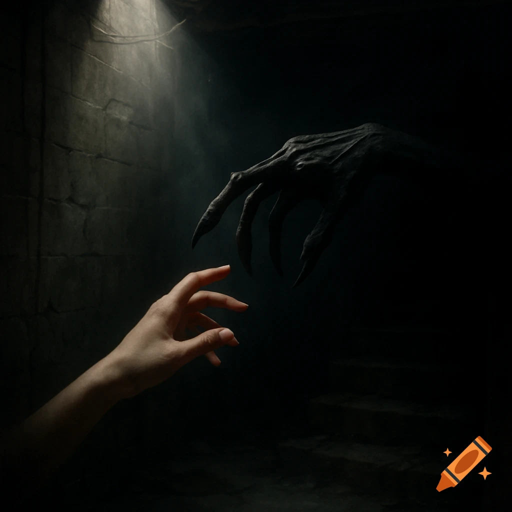 A human hand reaches towards a monstrous skeletal hand in a dark, atmospheric horror scene.