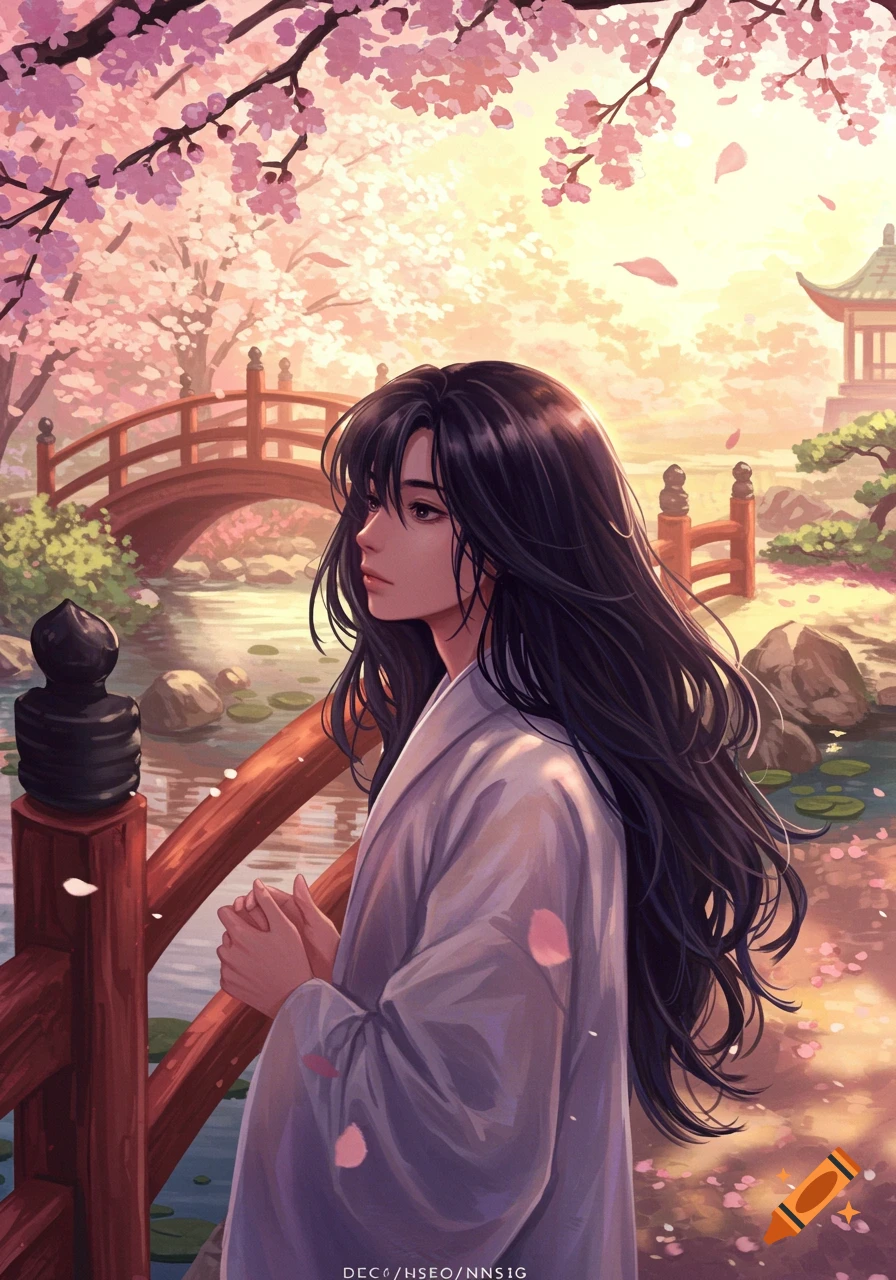 An anime illustration of a woman in a traditional Japanese garden with cherry blossoms and a bridge during sunset.