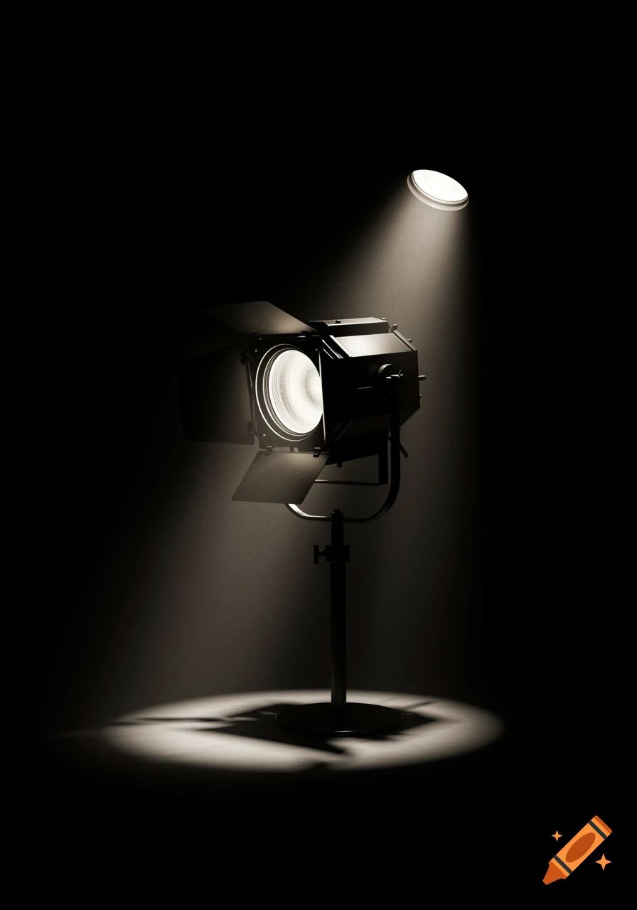 A dramatic shot of a theatre spotlight with its bright beam illuminating a dark stage.