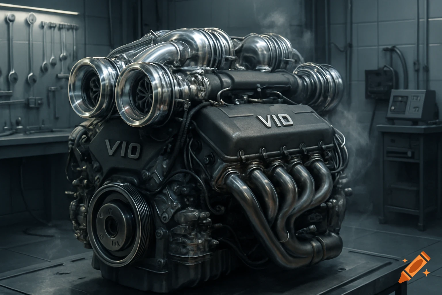 Photorealistic V10 engine with twin turbos and exhaust headers in a workshop setting.