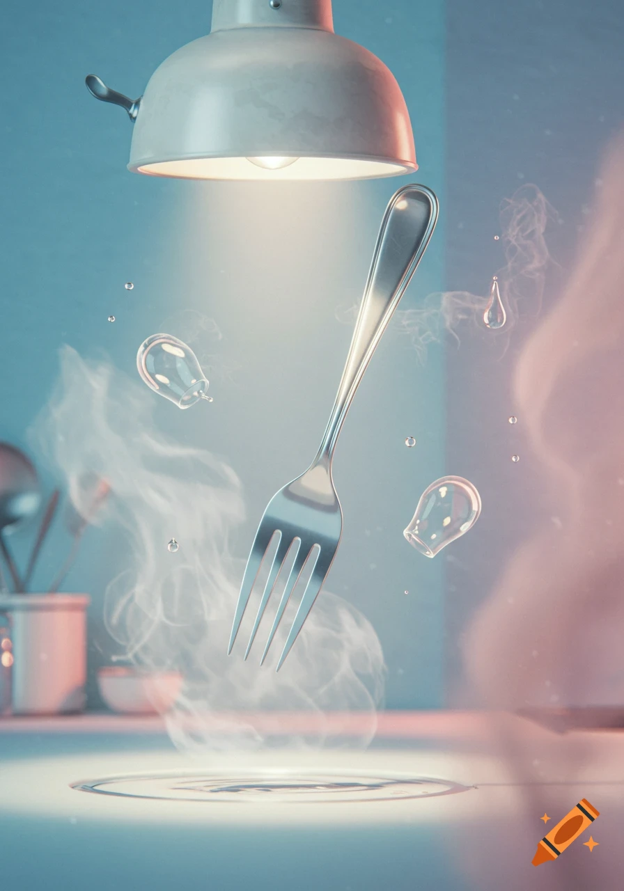 A shiny silver fork floats above a steamy surface under a glowing lamp, surrounded by water droplets and bubbles in a soft blue-pink kitchen scene.