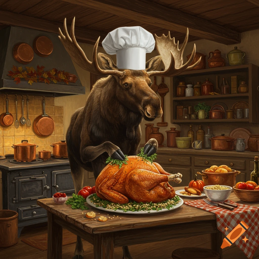 A moose wearing a chef's hat stands over a roasted turkey in a rustic kitchen, garnished with herbs.