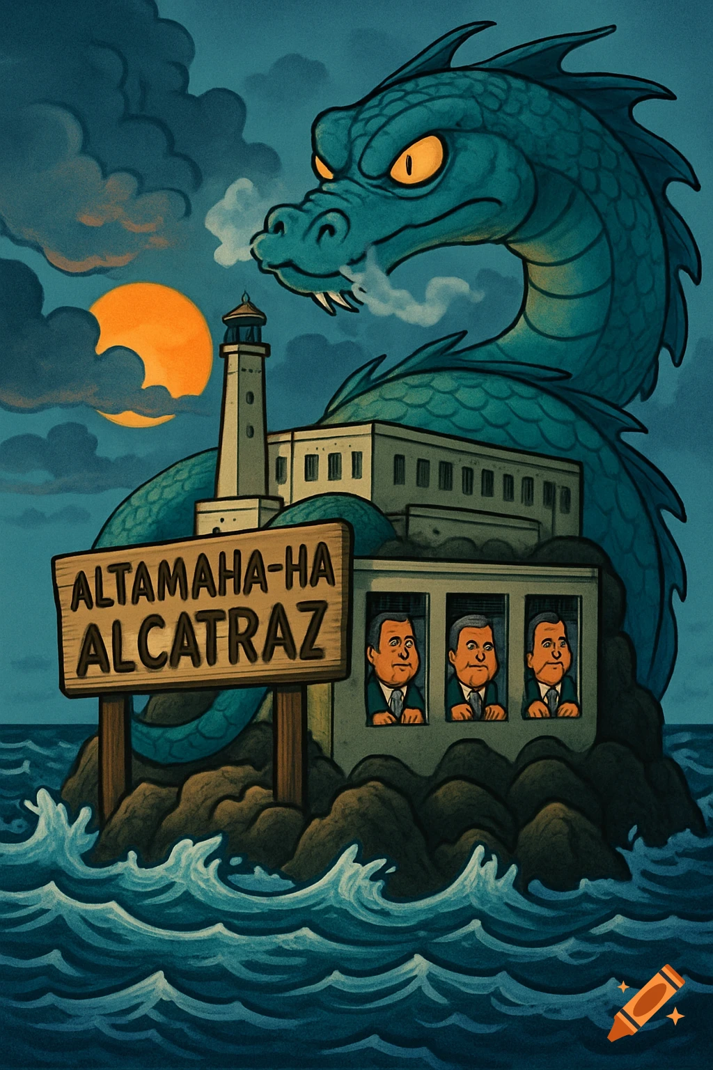 A cartoon Altamaha-ha sea monster guards a prison island with a lighthouse and a sign, where politicians are held captive.
