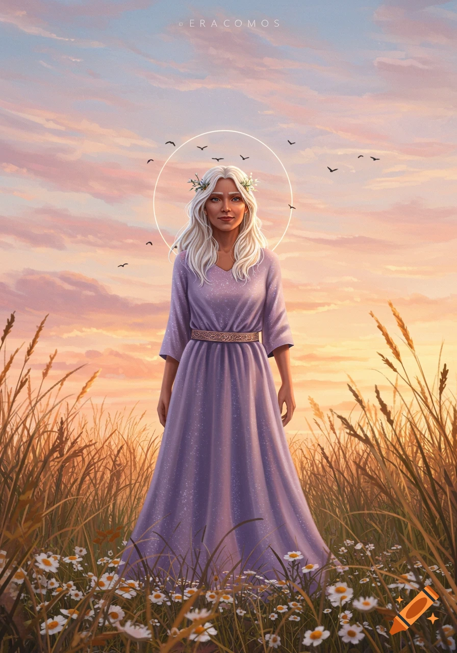 A woman with white hair, wearing a purple dress and a flower crown with a halo, stands in a field of tall grass and daisies under a colorful sunset sky.
