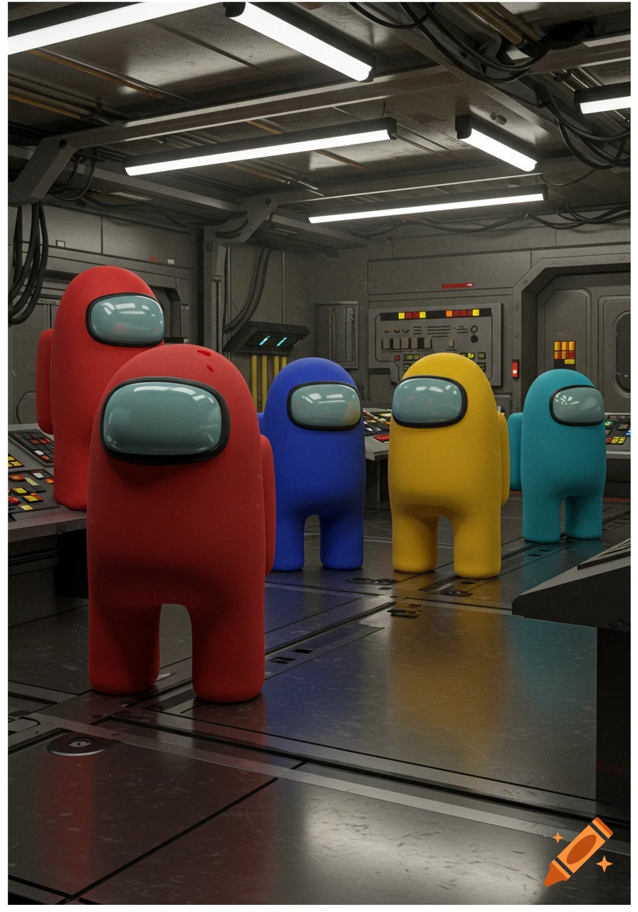 Multiple colorful Among Us characters stand in a detailed sci-fi spaceship control room.