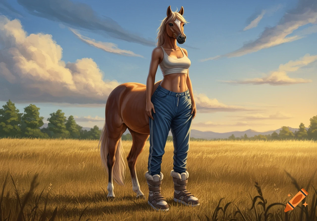 A female centaur with a horse head and human torso wears a white crop top, blue jeans, and furry boots in a golden field under a blue sky.