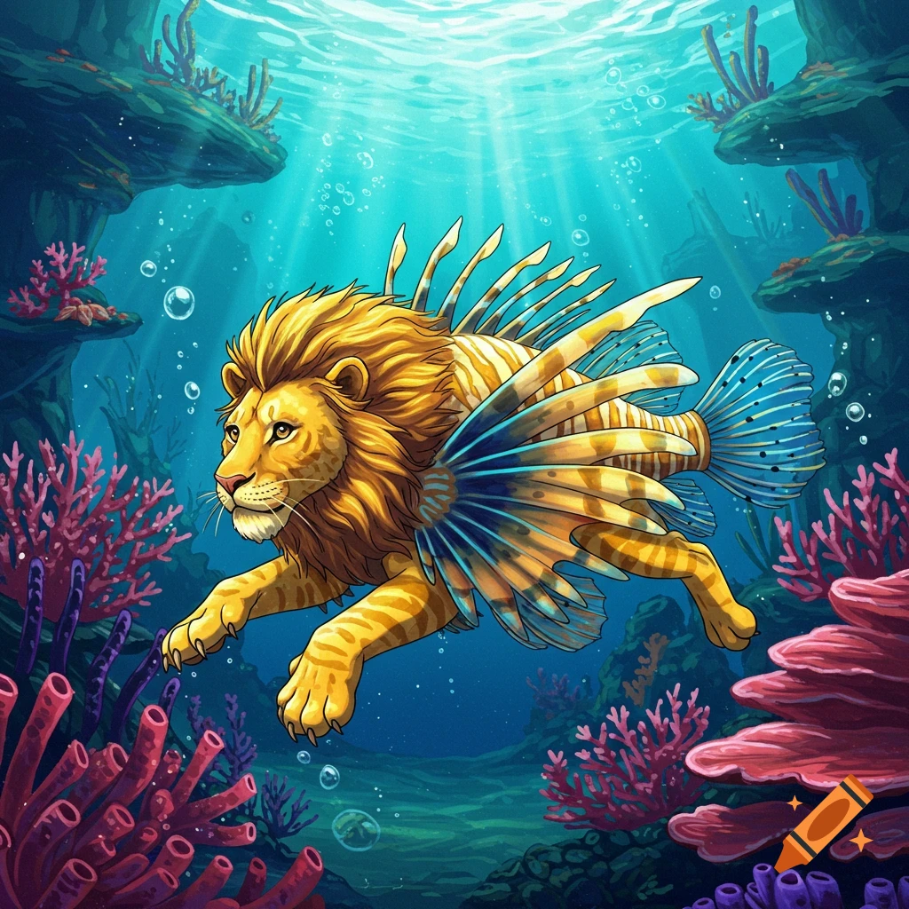 A vibrant cartoon lion-lionfish hybrid swims gracefully in a brightly lit underwater coral reef.