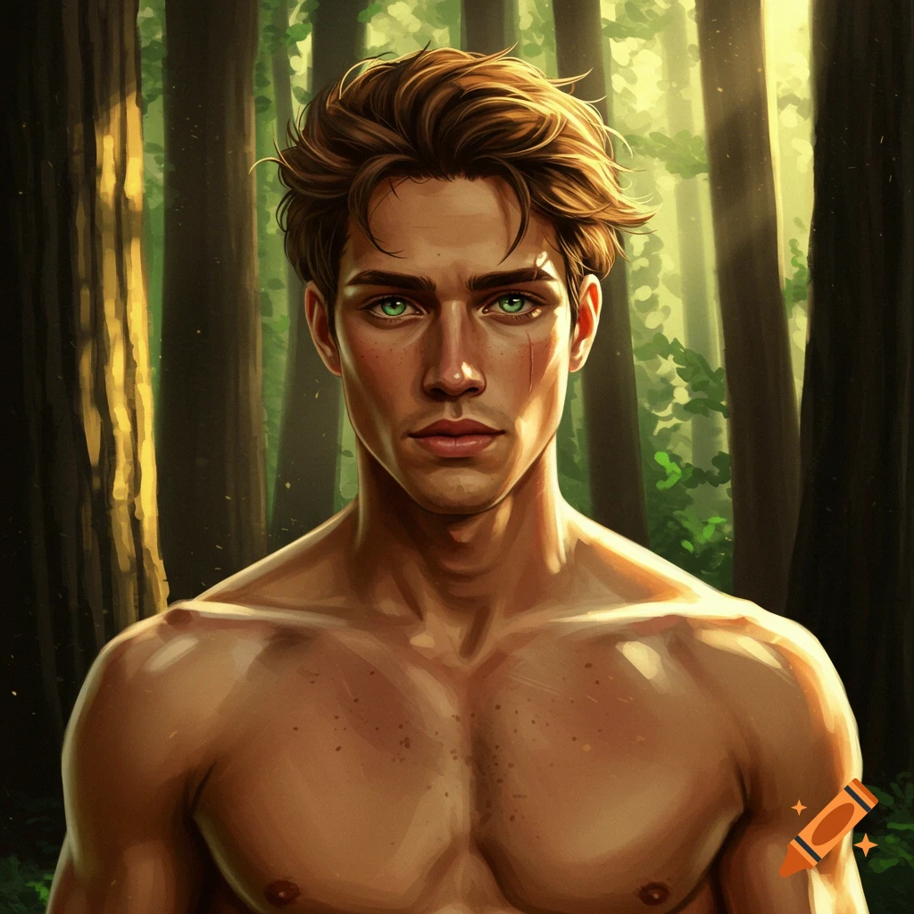 Digital art portrait of an athletic man with brown hair, striking green eyes, and a scar on his cheek, standing in a forest.