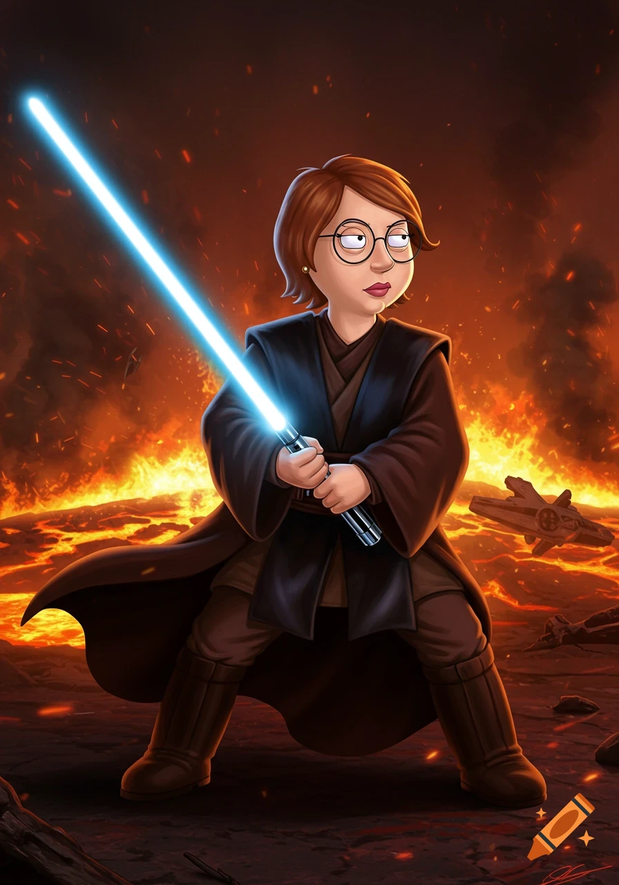 Cartoon Meg Griffin dressed as a Jedi, holding a blue lightsaber on a fiery, volcanic planet with a crashed spaceship.