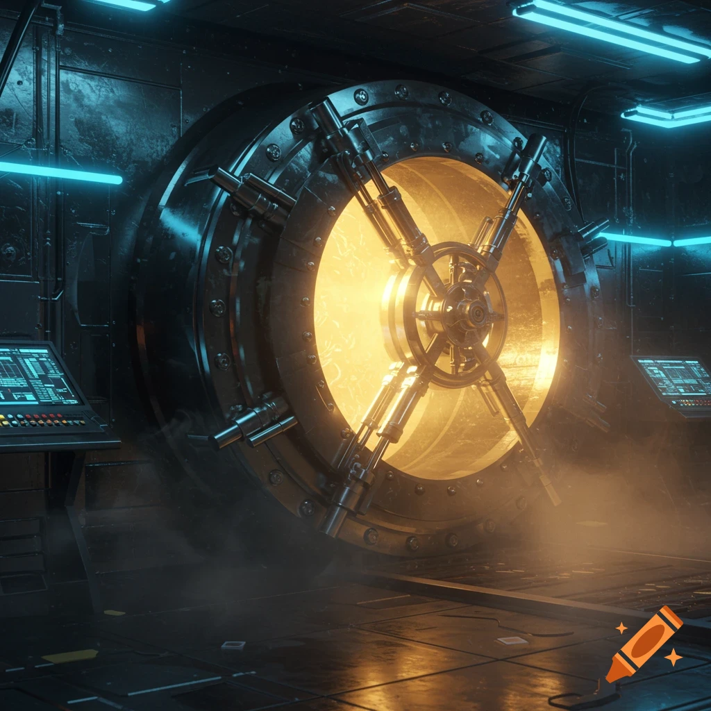 A large, round vault door with a glowing golden light emanating from within, set in a dark, metallic futuristic room.