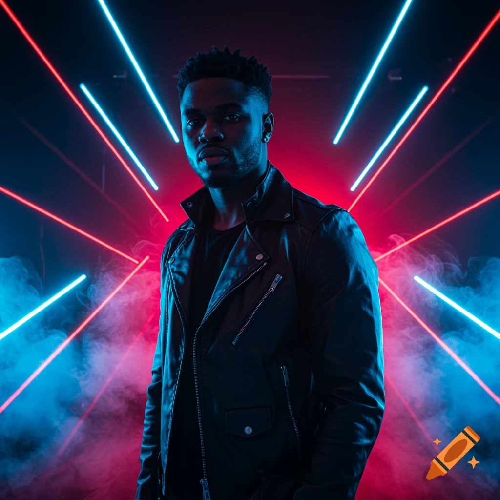 A dark-skinned man in a black leather jacket poses against a background of red and blue neon lights and smoke.