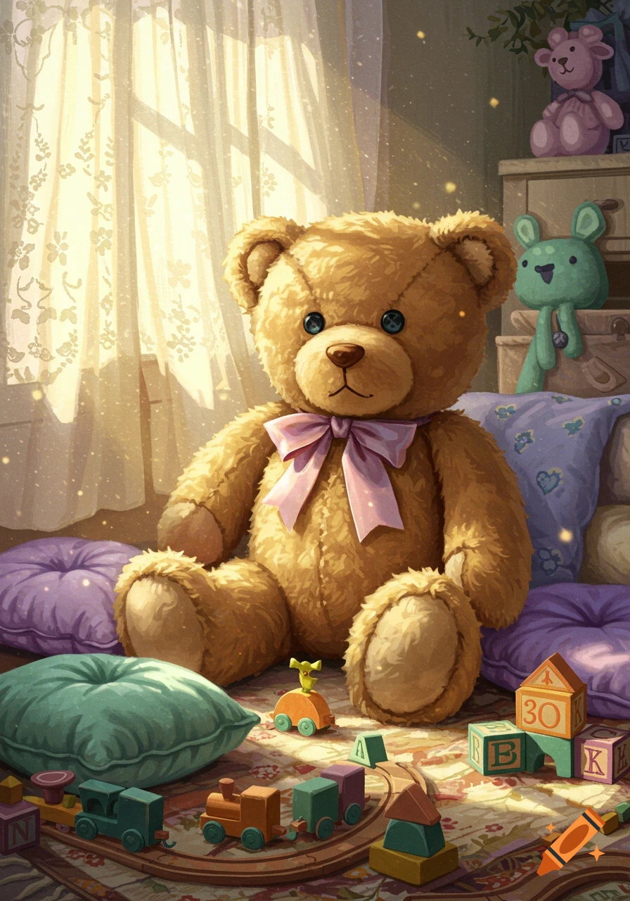 A digital illustration of a fluffy brown teddy bear with a pink bow sitting on a rug in a sunlit child's room, surrounded by wooden blocks and toy trains.