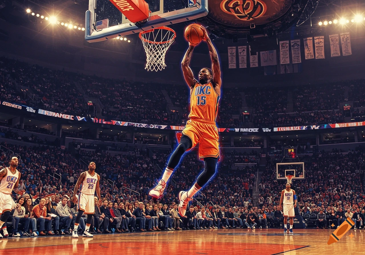 Photorealistic image of a basketball player in an orange jersey mid-dunk on a court, surrounded by cheering fans in a brightly lit arena.