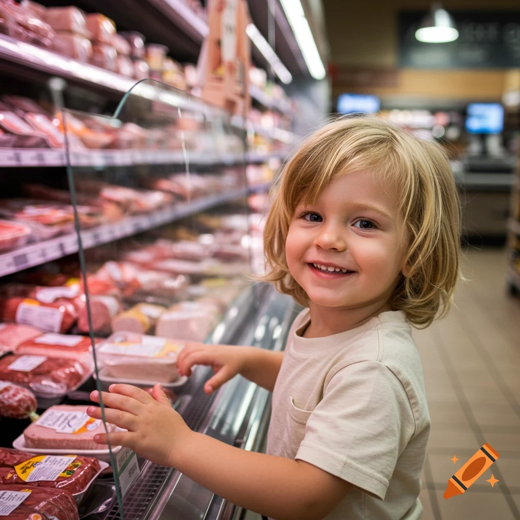 A smiling young child with blonde hair looks at the camera while leaning on a display case in a supermarket deli section.