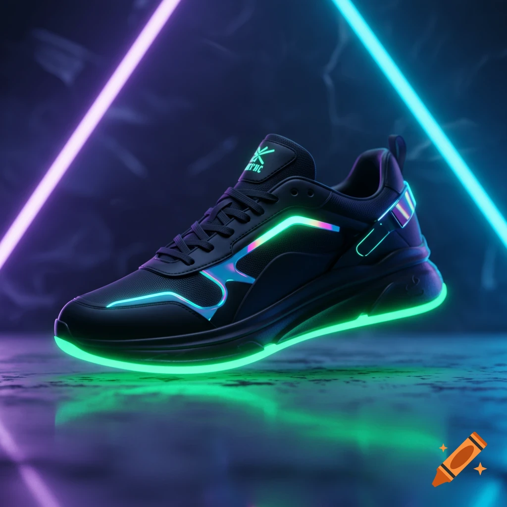 A black sneaker with glowing green and iridescent blue-purple neon accents, set against a dark background with pink and blue neon lights.