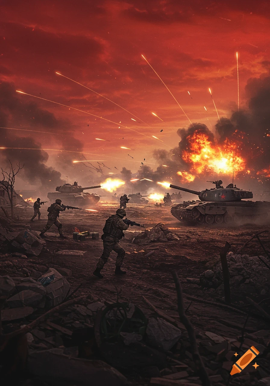 Soldiers and tanks battle in a war-torn landscape under a fiery red sky with explosions and gunfire.