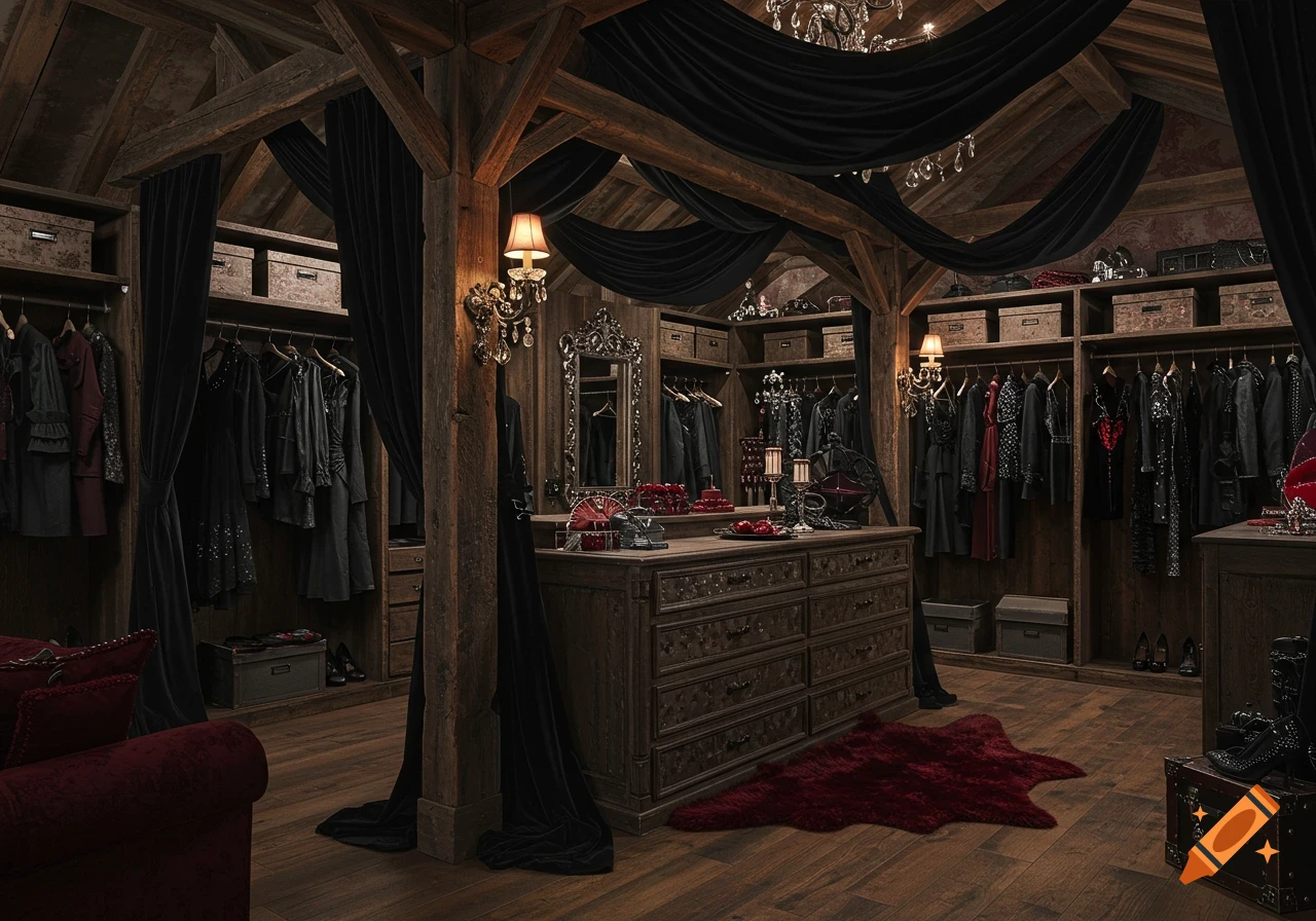 A luxurious, gothic-style walk-in closet with dark wood, black velvet curtains, and red accents. Racks of clothing fill the space.