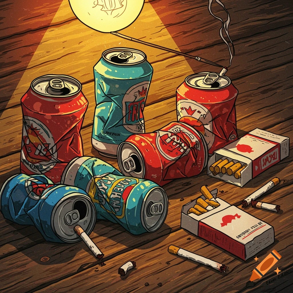 Comic style illustration of crushed red and blue beer cans with open packs of cigarettes and scattered cigarette butts on a wooden table under a lamp.