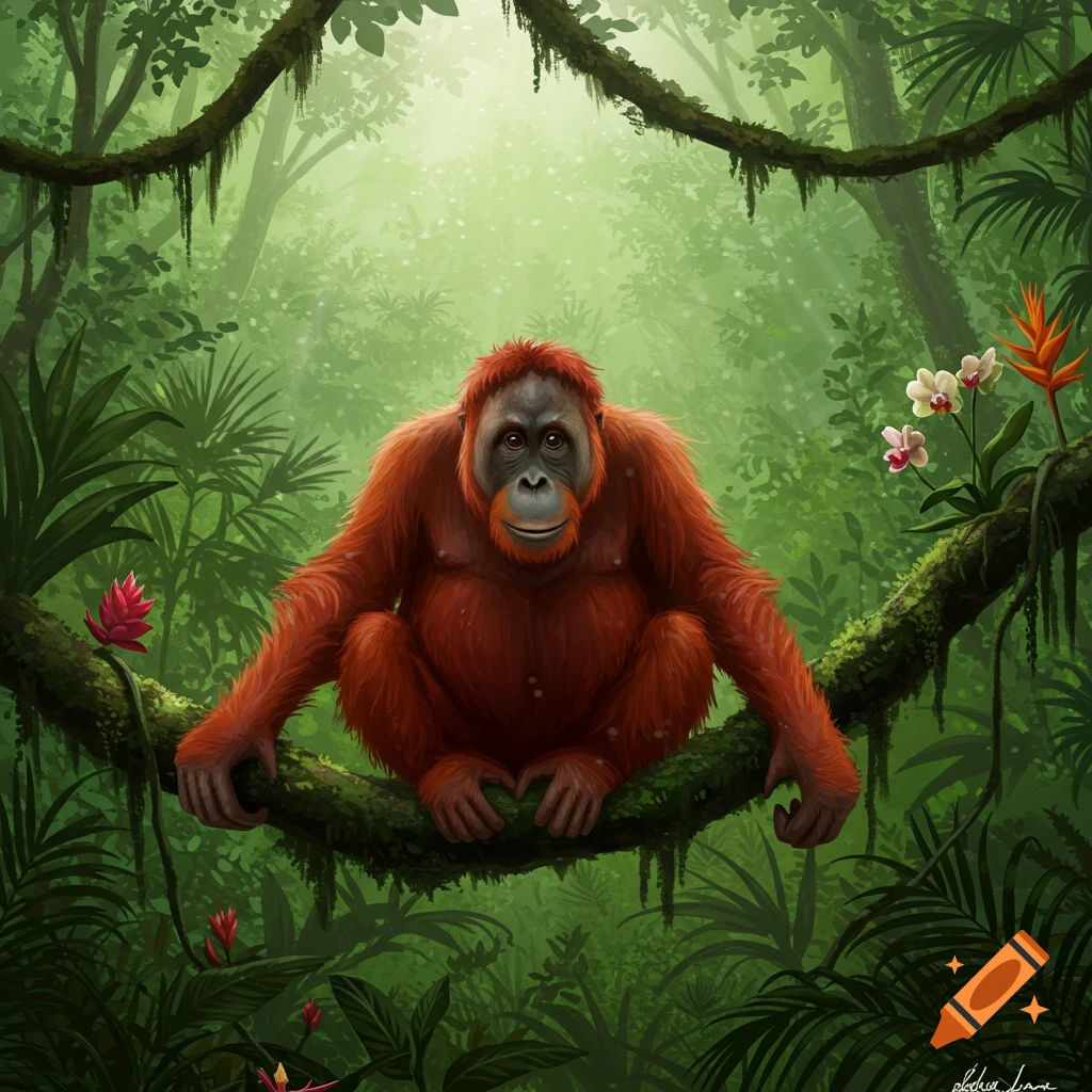 An illustrative image of an orangutan sitting on a moss-covered tree branch in a lush, sunlit jungle.