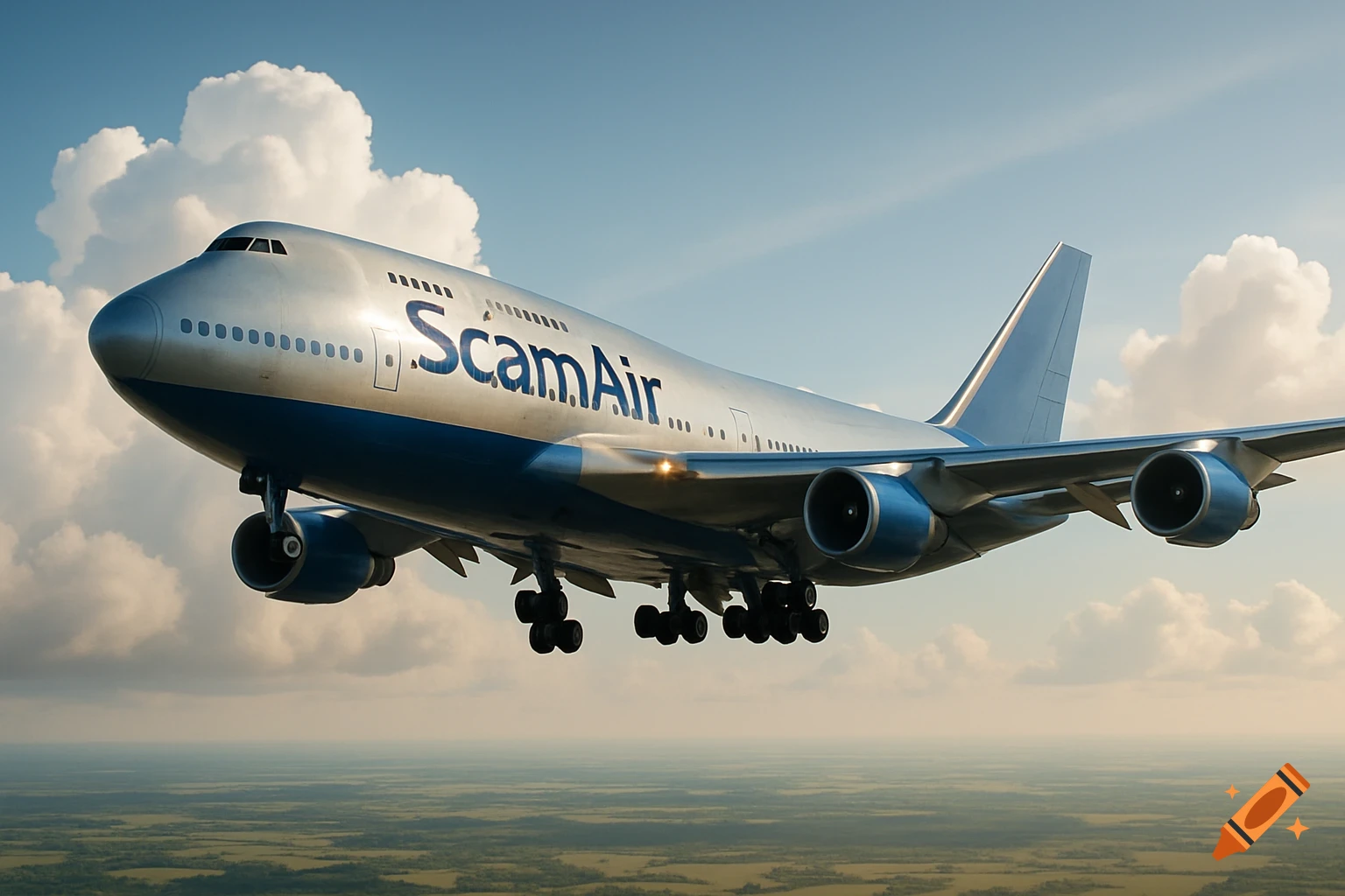 A photorealistic image of a Boeing 747 airplane with "ScamAir" written on its side, flying in a partly cloudy sky over a green landscape.
