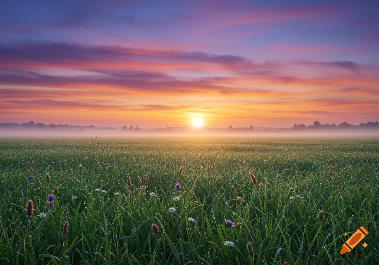 A vibrant sunrise illuminates a misty green field filled with dew-kissed grass and small wildflowers under a colorful sky.
