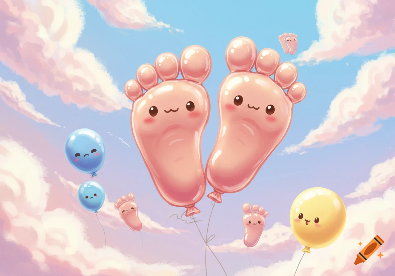 Cute cartoon foot-shaped balloons and colorful round balloons float in a pastel sky with fluffy clouds.