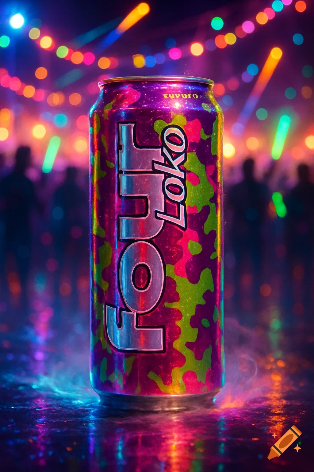 A vibrant purple and green Four Loko can stands on a reflective surface amidst a blurry background of colorful party lights and silhouettes.