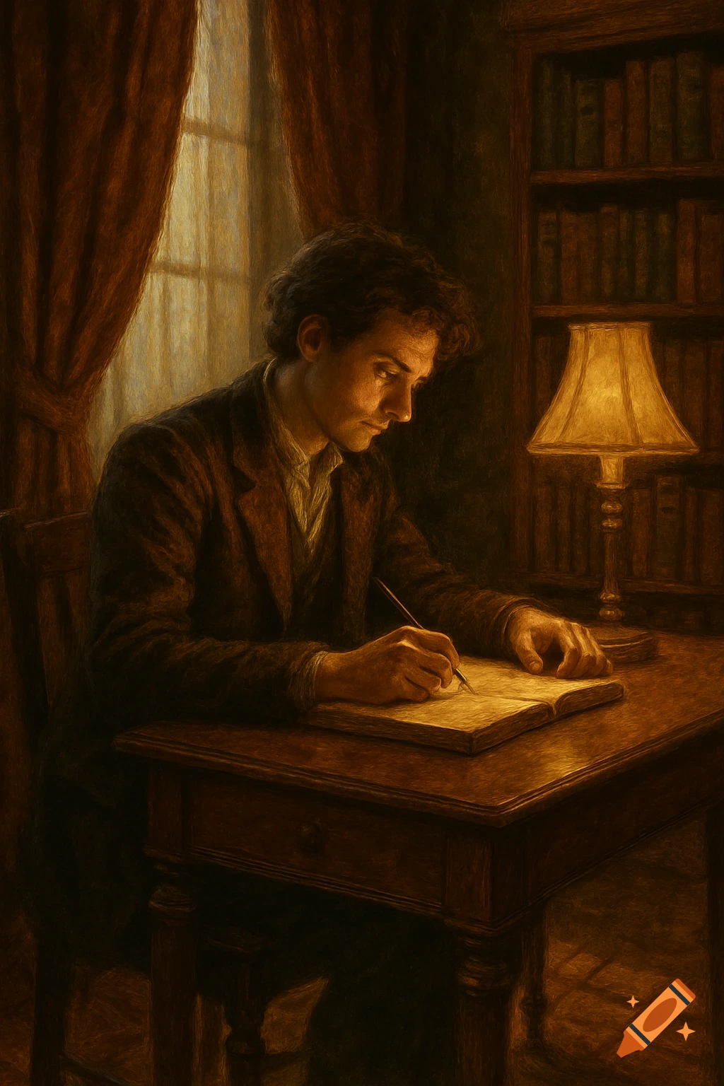 A man with curly hair writes in a large book at a wooden desk, illuminated by a lamp and window light, in a warm, painterly style.