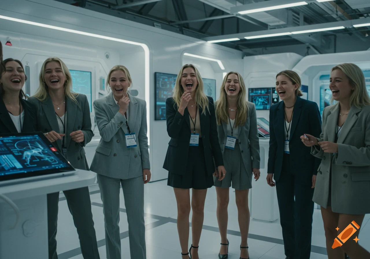 Group of smiling women in business attire in a futuristic tech lab.