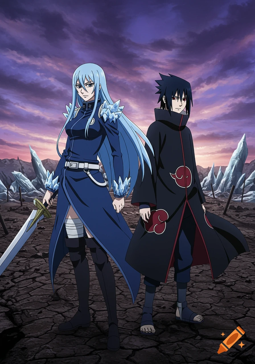 Anime characters Esdeath and Sasuke stand in a desolate, cracked landscape under a purple sky.