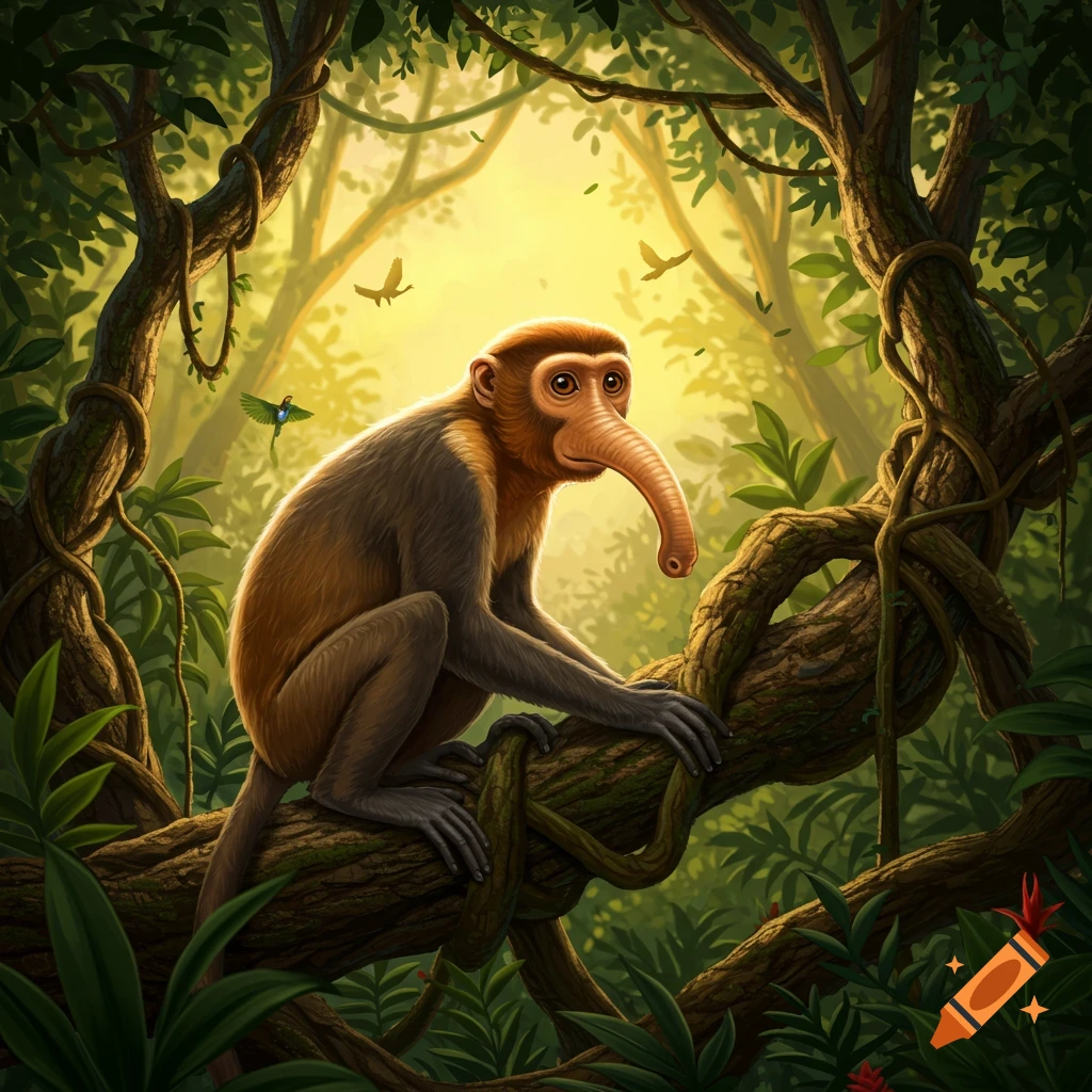 A proboscis monkey perches on a twisted tree branch in a vibrant, sunlit rainforest.