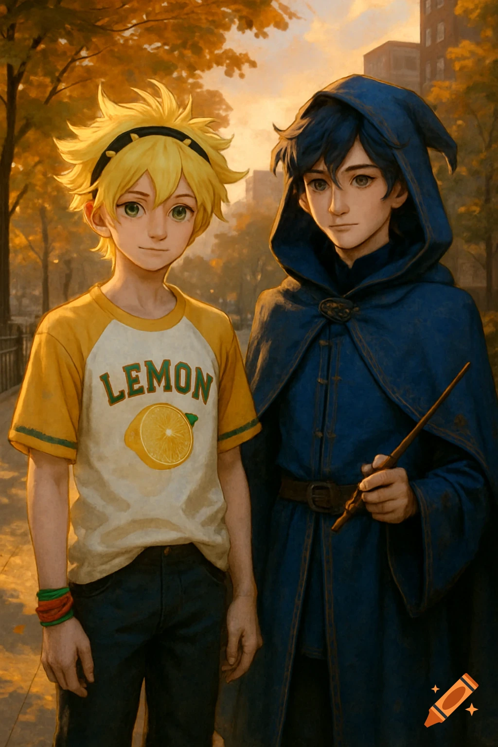 Two anime-style teenage boys, one in a 'LEMON' shirt and the other in a blue wizard cloak holding a wand, standing outdoors with autumn trees.