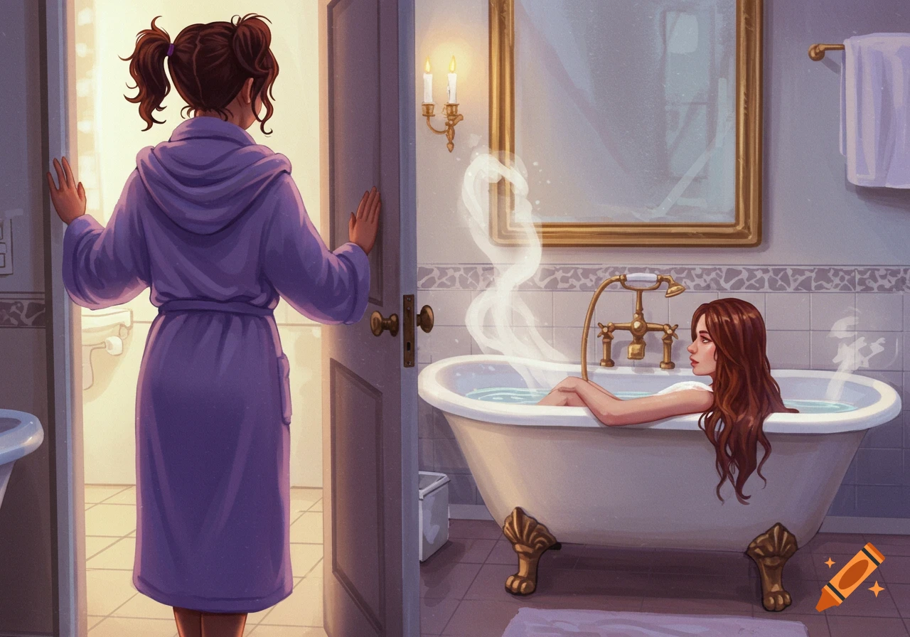A drawing of a woman in a purple bathrobe standing in a doorway, looking at another woman bathing in a tub.