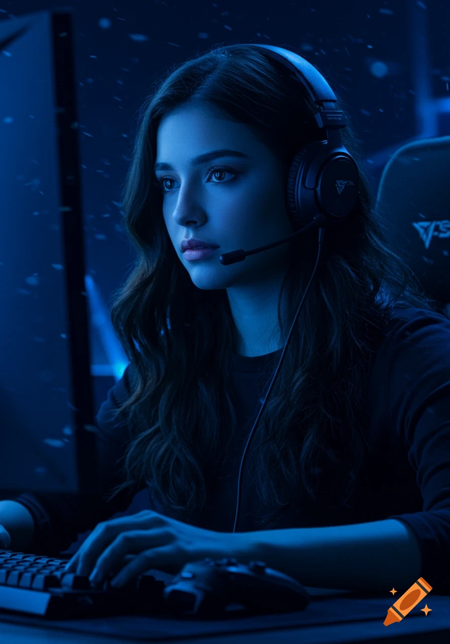 A young woman with long dark hair wears a gaming headset, focused on a computer screen in a dark blue lit room.