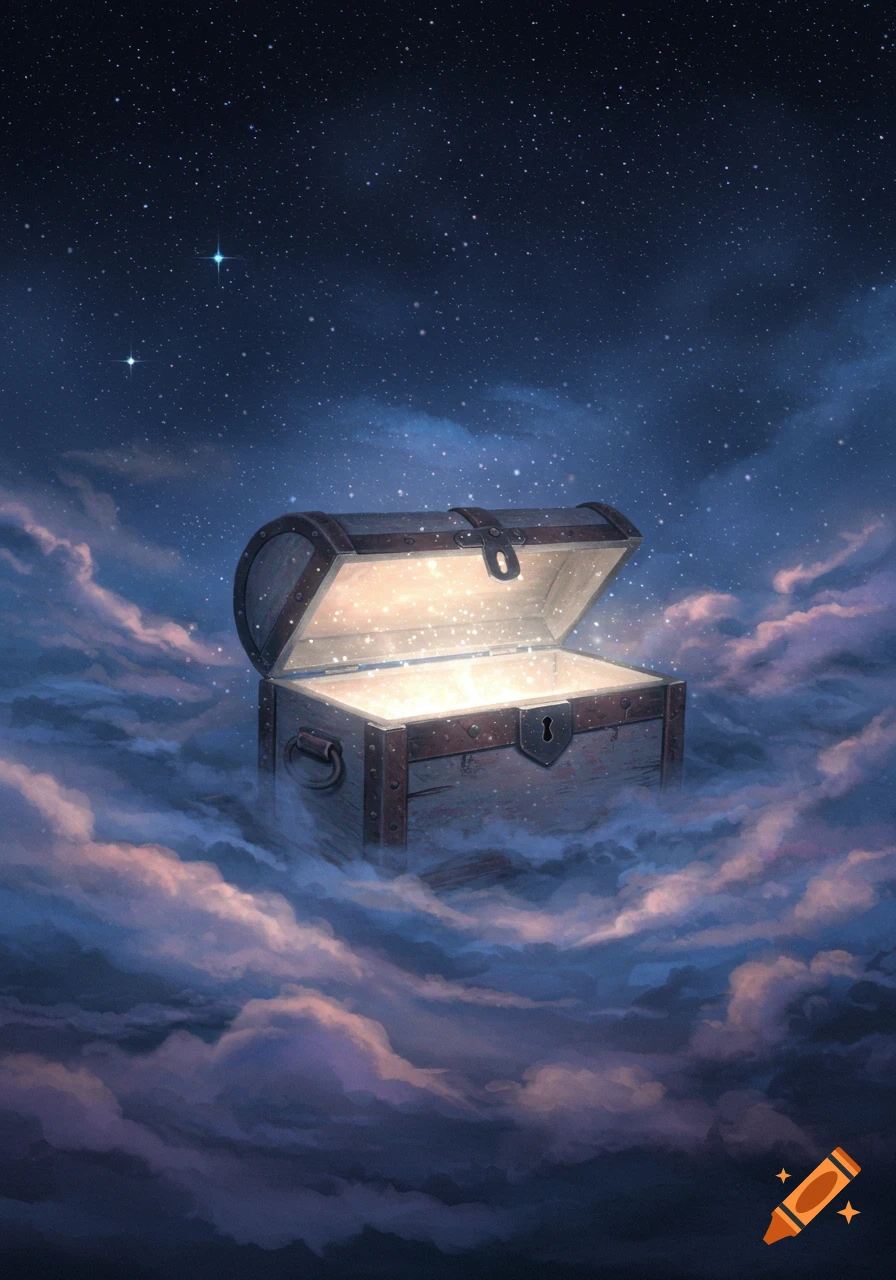 A glowing treasure chest floats amidst mystical purple clouds under a starry night sky.