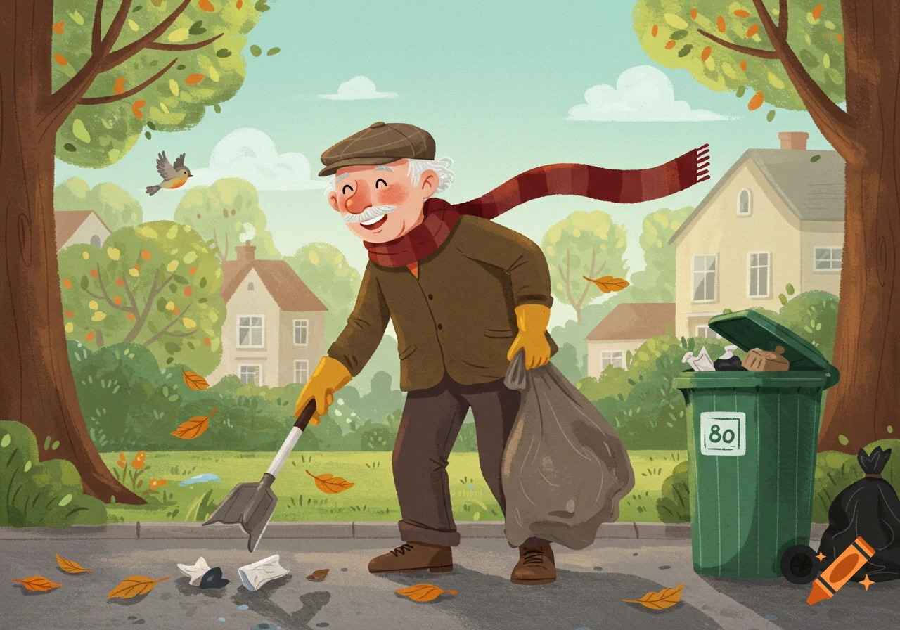 A cheerful cartoon of an elderly man with a mustache picking up trash on a neighborhood street with a green bin nearby.
