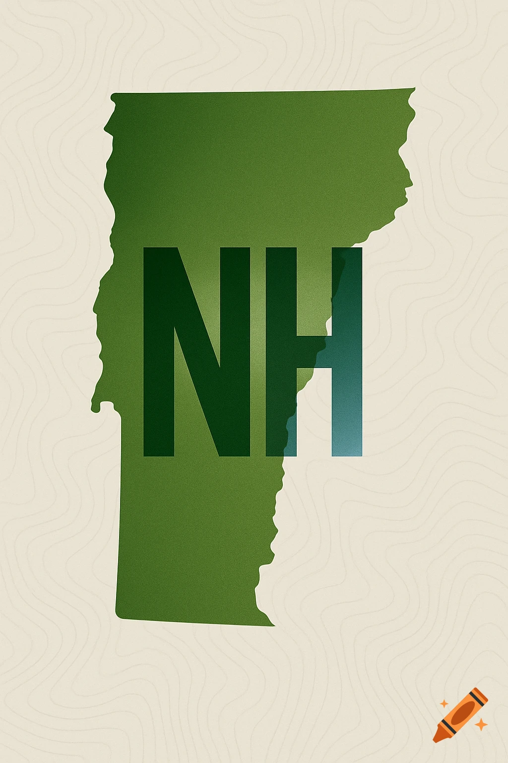 A minimalist green outline of the state of Vermont with large dark green letters 'NH' superimposed, set against a light background with subtle contour lines.
