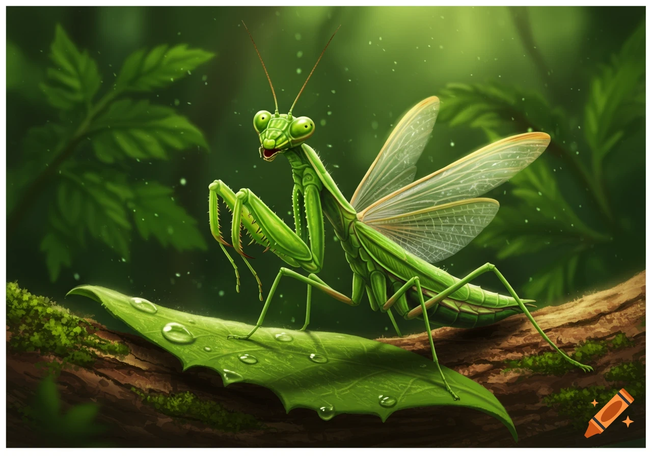 A vibrant green praying mantis with its mouth open in shock sits on a dew-covered leaf on a branch in a lush green jungle, digital art.