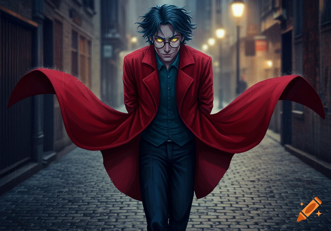 Digital art of a man in a red coat with messy dark blue hair, yellow eyes, and glasses, smirking on a rainy city street.