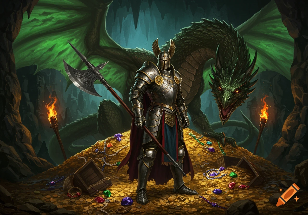 A knight in detailed armor with a halberd stands before a large green dragon guarding a pile of gold and jewels in a dark cave.