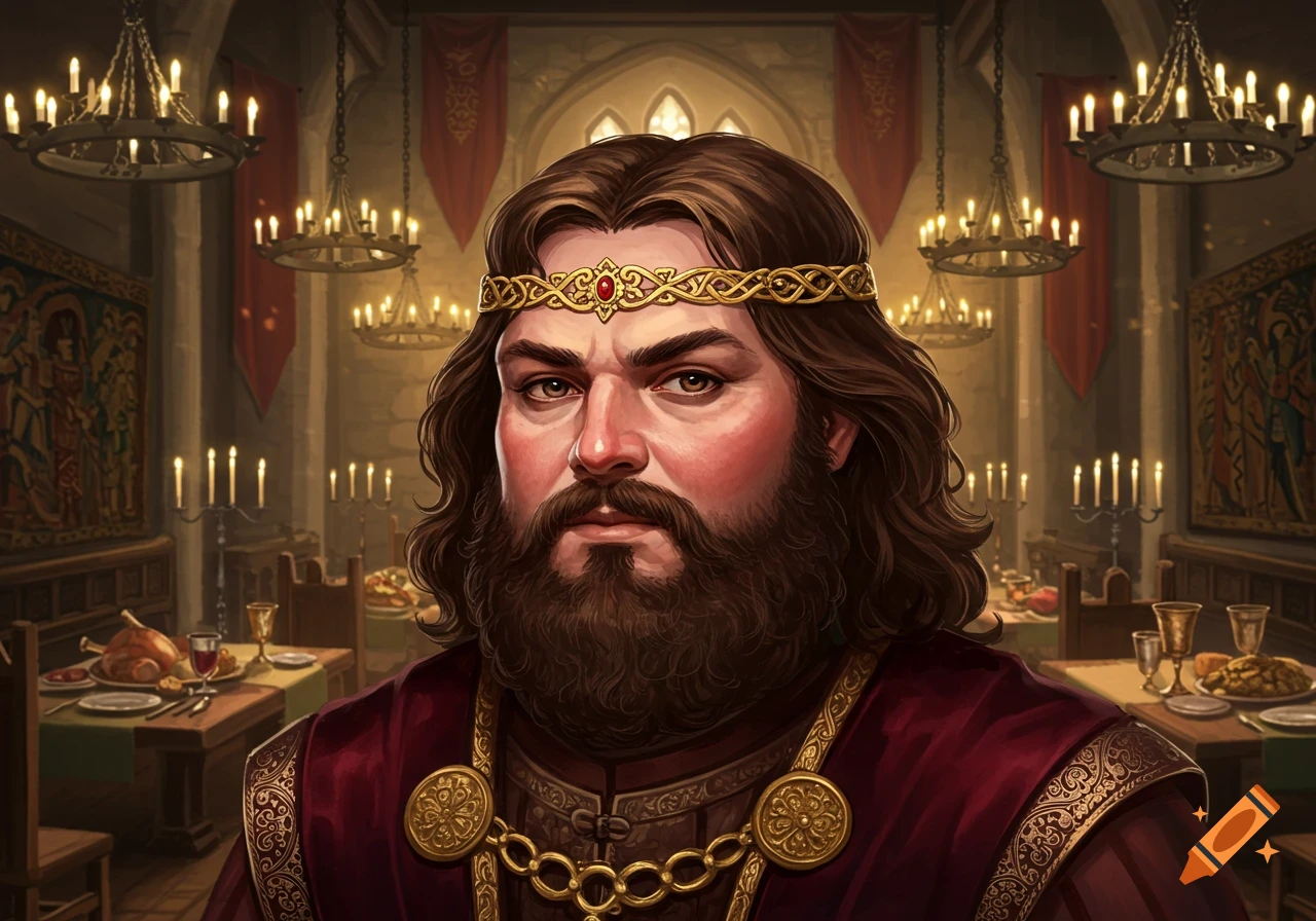 A portrait of a medieval lord with a brown beard and crown, wearing rich robes in a grand hall.