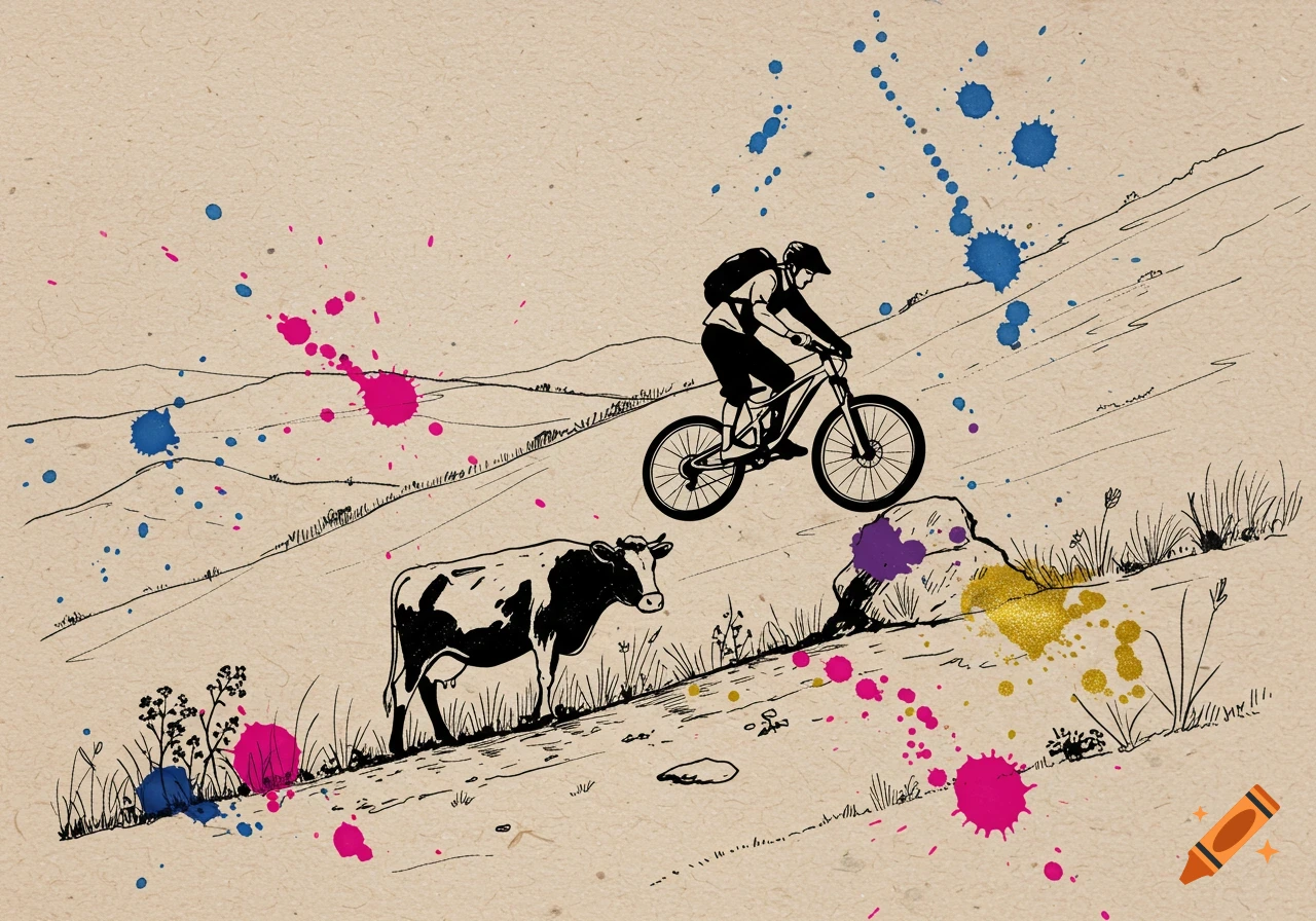 Black outline drawing of a mountain biker on a steep hill near a cow, with colorful ink splatters on a paper texture.