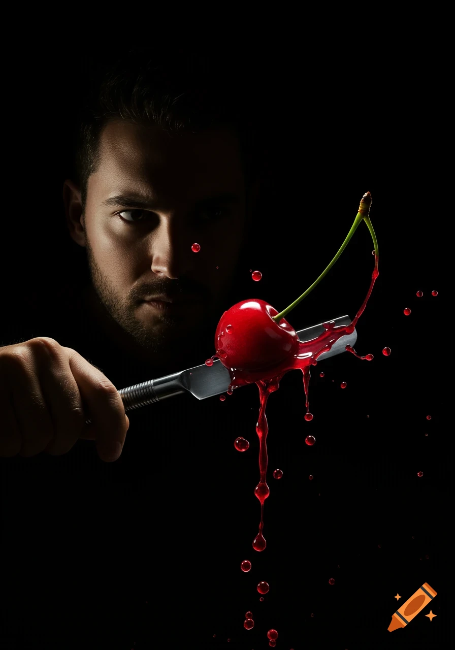 A man in shadow holds a razor cutting a cherry, red juice drips from the blade against a dark background.
