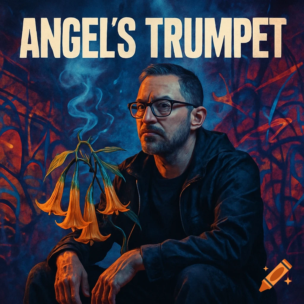 Man with glasses and beard, in a dark jacket, sitting with an orange Angel's Trumpet plant and smoke, against an abstract background. Text reads 'ANGEL'S TRUMPET'.