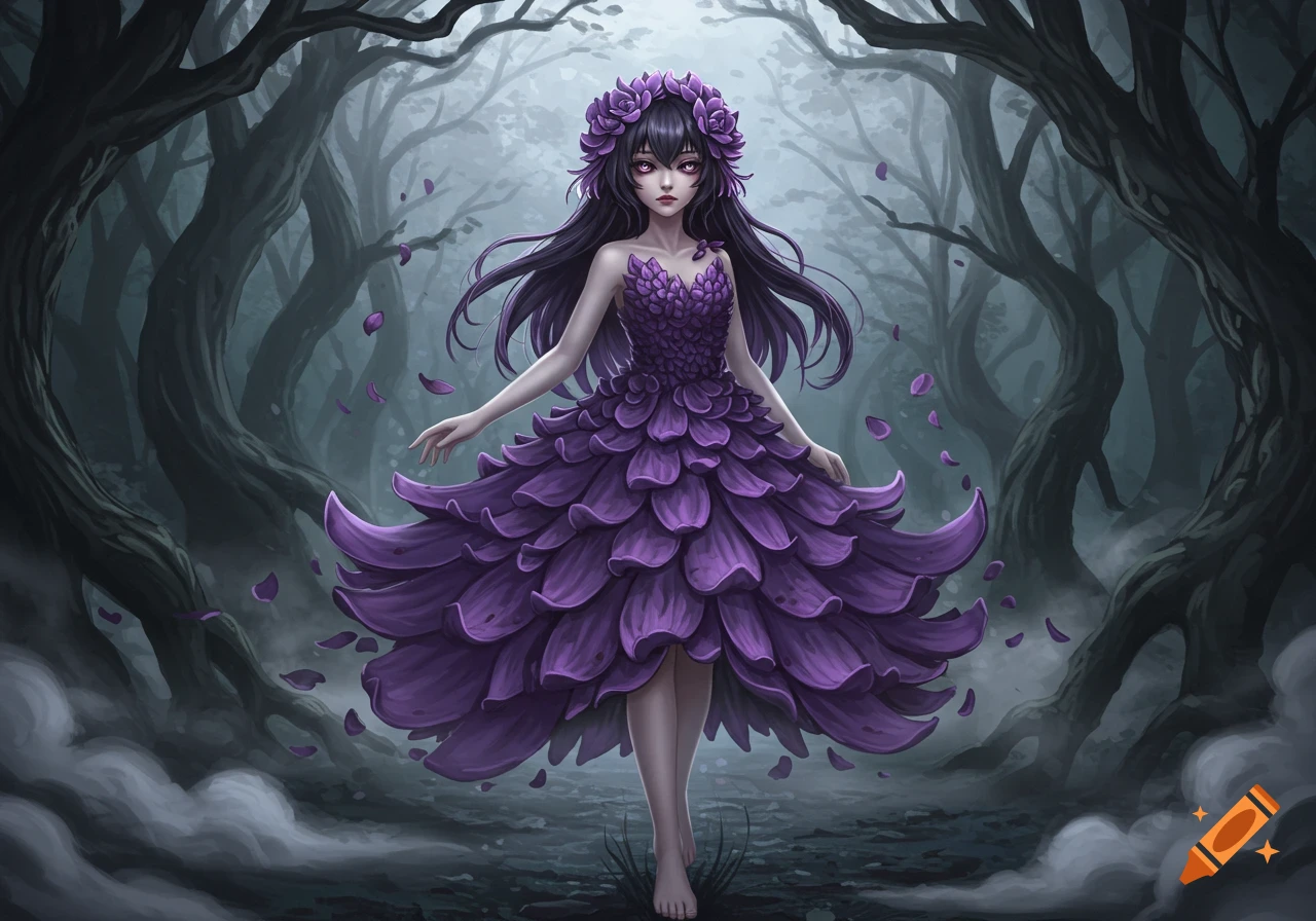 A girl in a purple flower dress stands barefoot in a dark, misty forest, rendered in an anime style.