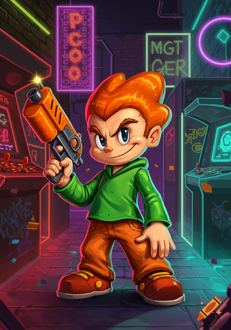 A cartoon character with orange hair and a green hoodie holds an orange toy gun, standing in a neon-lit arcade alley.